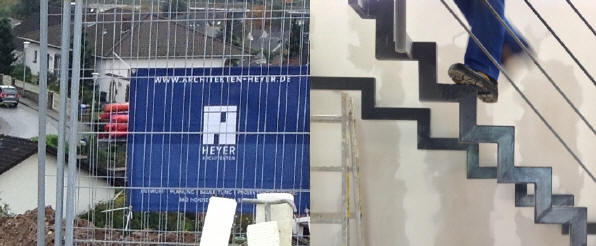 Impression des Bauzauns / Werbeschild der Architekten Heyer und der Firma Mechnig